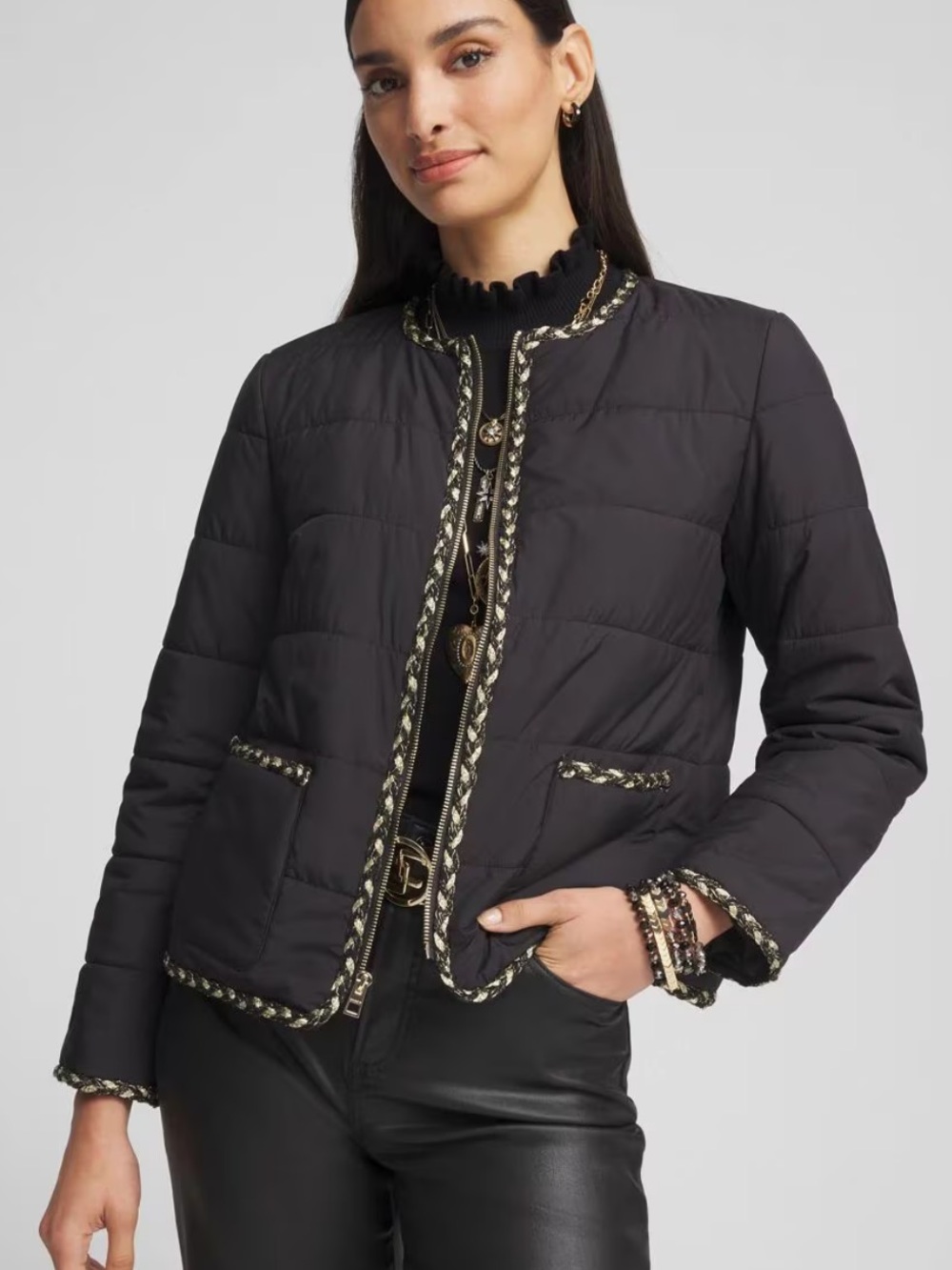 Chico’s Tweed Trim Faux Nylon Jacket